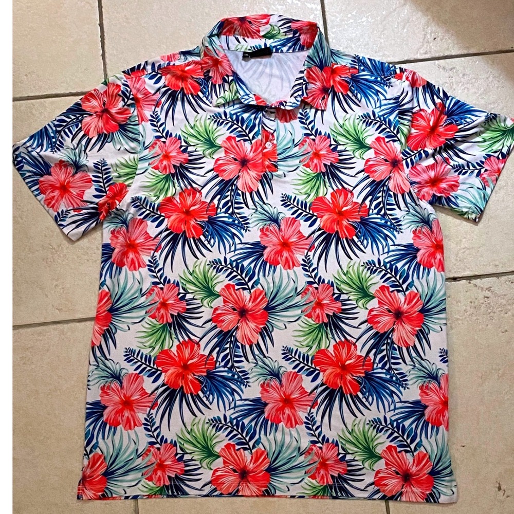 GreenSide Golf Mens XXL Performance Polo Shirt Tropical Hibiscus Floral White